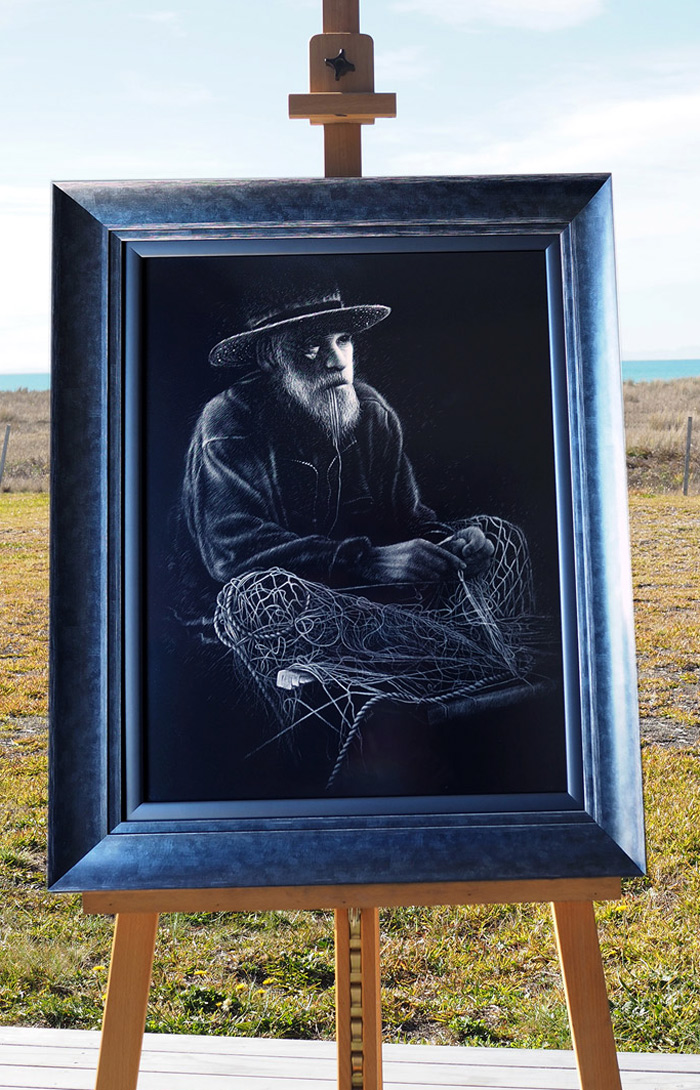 Framed Scratchboard The Netmender framed