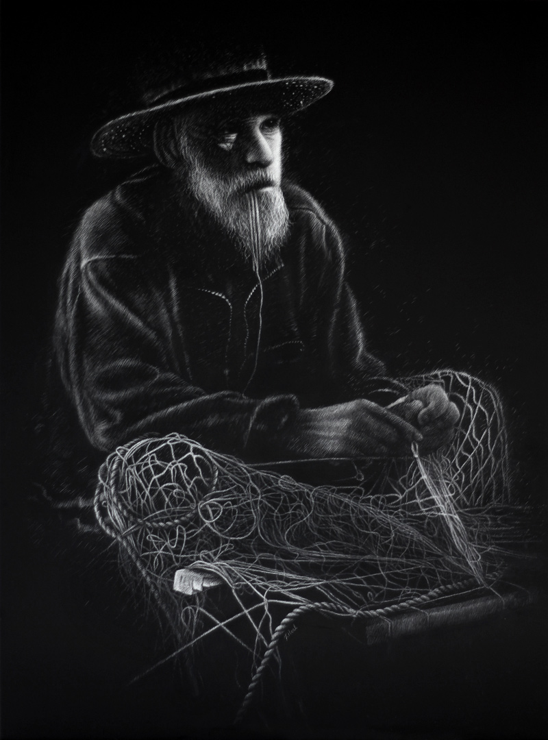 The Net Mender Scratchboard Portuguese net mender artwork