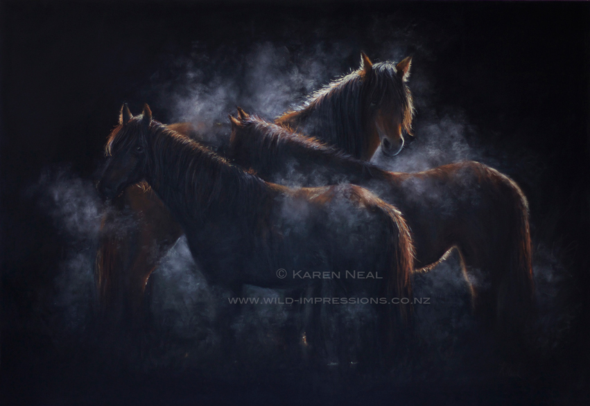 New Zealand Kaimanawa wild horses in pastel New Zealand Kaimanawa Wild Horse Painting in Pastel by wildlife artist Karen Neal
