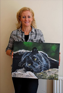 New Zealand artist Karen Neal & UK artist Karen Berisford art exchange, Karen delighted with her leopardess