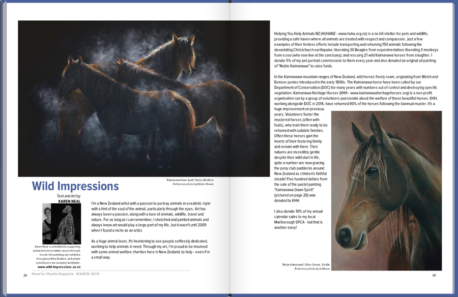 Article in Paws for Charity magazine about artist Karen Neal supporting charities HUHANZ Kaimanawa horses heritage artiicle animal conservation charity