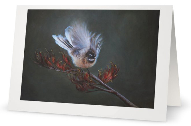 "Piwakawaka" (New Zealand Fantail) New Zealand Fantail bird fine art card by Artist Karen Neal