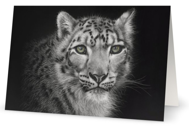 "Himalayan Snow Queen" Himalayan Snow Leopard as a fine art card by wildlife artist Karen Neal