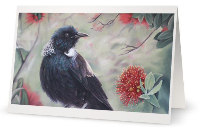 New Zealand Tui in Pohutukawa Tree "A Christmas Tweet" New Zealand Tui in Pohutukawa Tree Christmas Fine Art Greeting Card by Artist Karen Neal